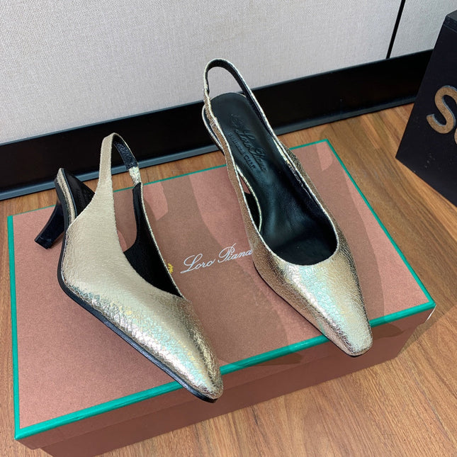 LP POINTED TOE MID-HEEL SLINGBACK METALLIC GOLD CALFSKIN