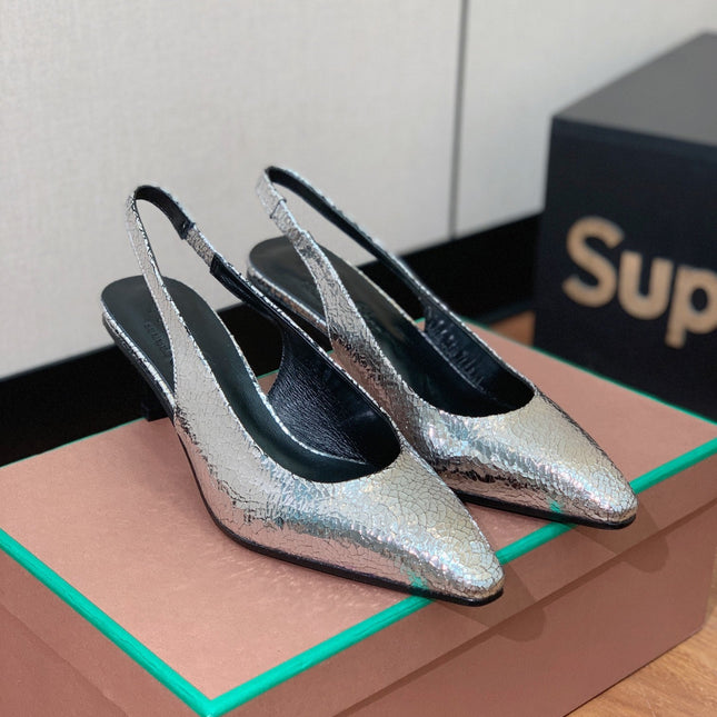 LP POINTED TOE MID-HEEL SLINGBACK SILVER CALFSKIN