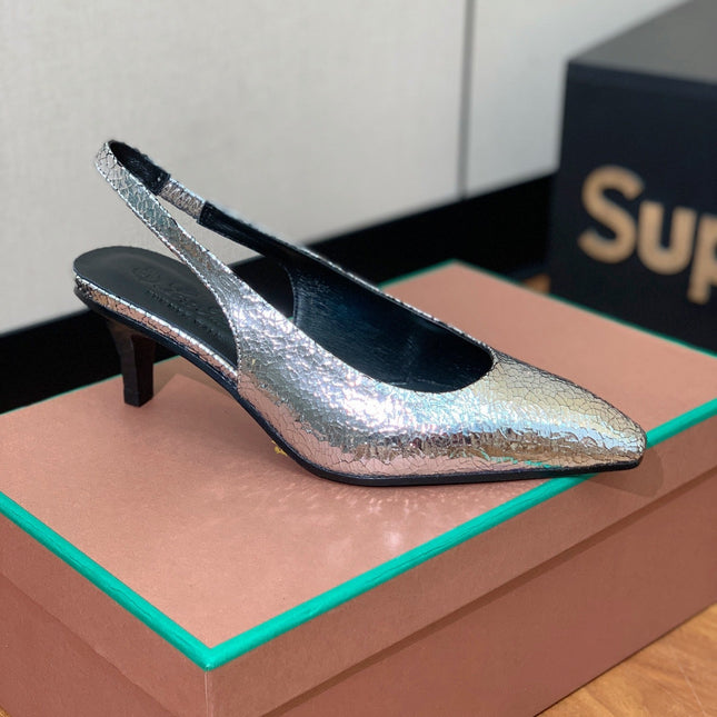 LP POINTED TOE MID-HEEL SLINGBACK SILVER CALFSKIN