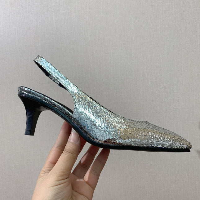 LP POINTED TOE MID-HEEL SLINGBACK SILVER CALFSKIN