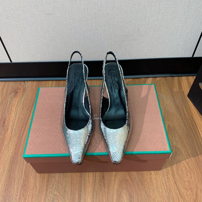LP POINTED TOE MID-HEEL SLINGBACK SILVER CALFSKIN
