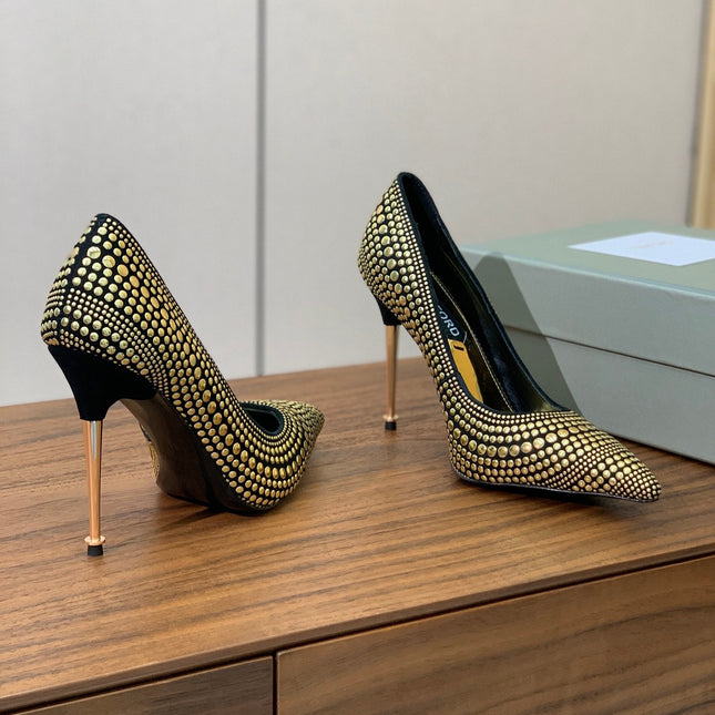 GOLD STUDDED AND BLACK SUEDE POINTED TOE PUMPS