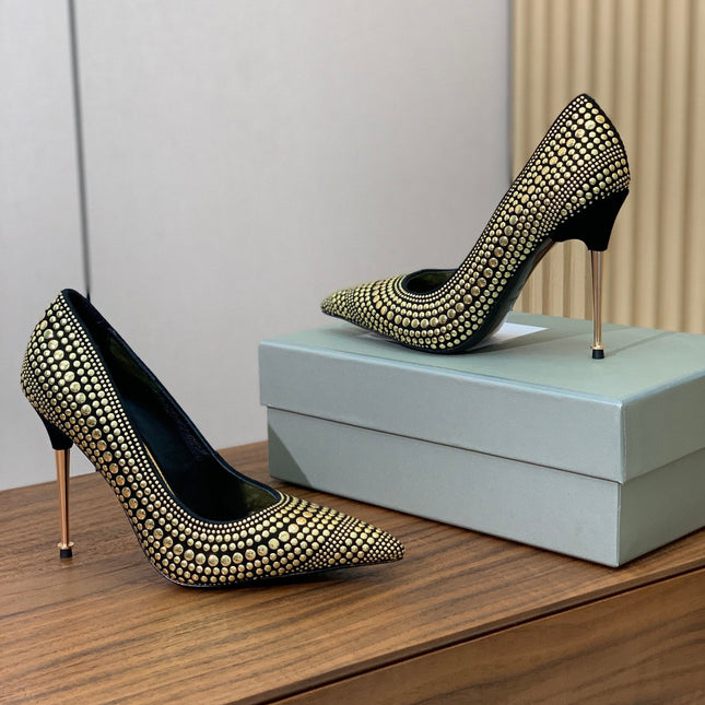 GOLD STUDDED AND BLACK SUEDE POINTED TOE PUMPS
