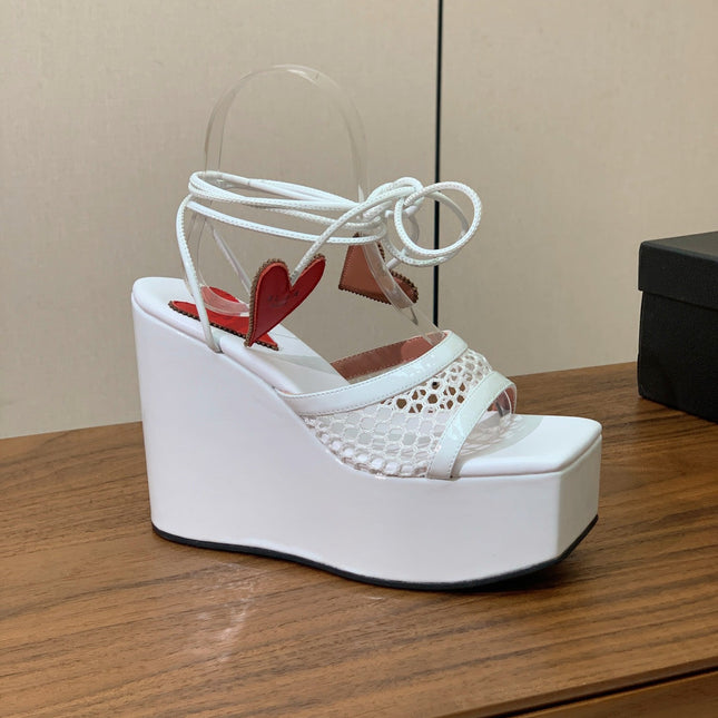 ALAIA BANQUET WEDGE SANDALS IN WHITE LAMBSKIN WITH RED HEART