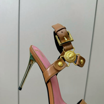 BALMAIN 25S HEELED EVA SANDALS 95MM IN BROWN AND PINK CALFSKIN