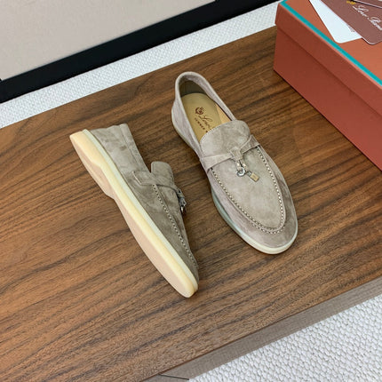 LP LOAFERS 25S IN STONE GRAY CASHMERE WITH SILVER HARDWARE