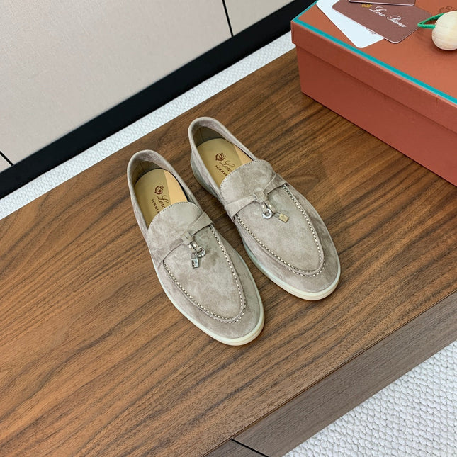 LP LOAFERS 25S IN STONE GRAY CASHMERE WITH SILVER HARDWARE