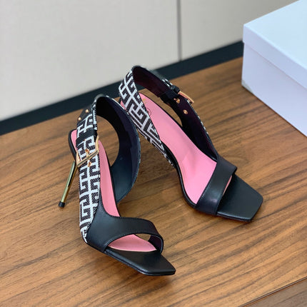 BALMAIN 25S JACQUARD KNIT SLINGBACK PUMPS 95MM IN BLACK AND PINK CALFSKIN