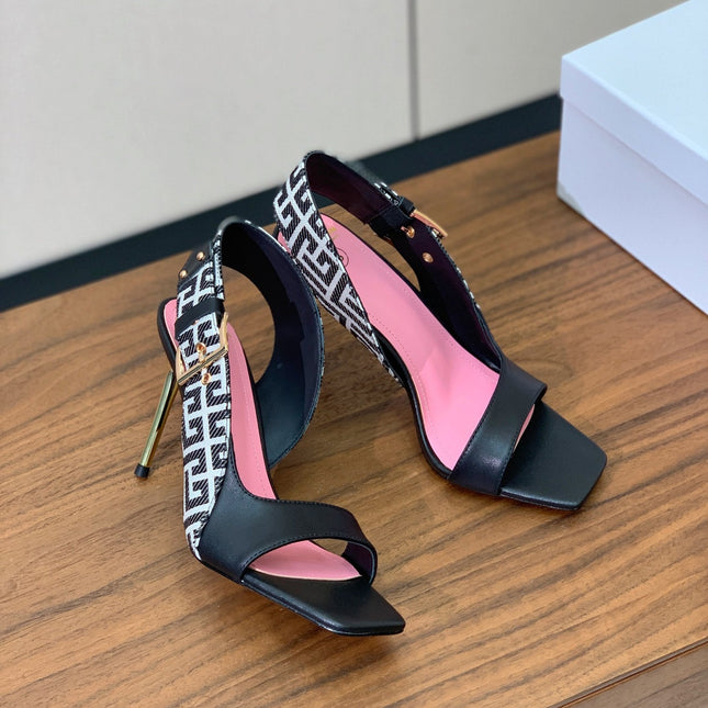 BALMAIN 25S JACQUARD KNIT SLINGBACK PUMPS 95MM IN BLACK AND PINK CALFSKIN