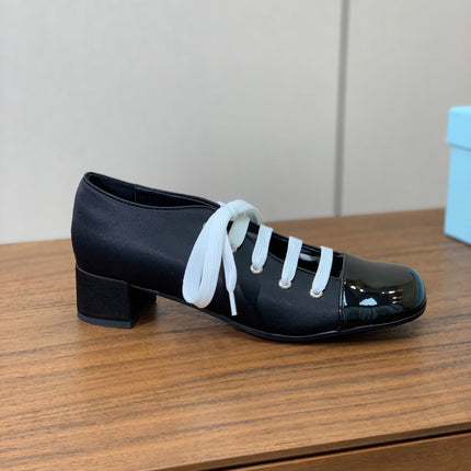 LACE-UP HIGH SHOES IN BLACK SILK MIX GLOSSY CALFSKIN