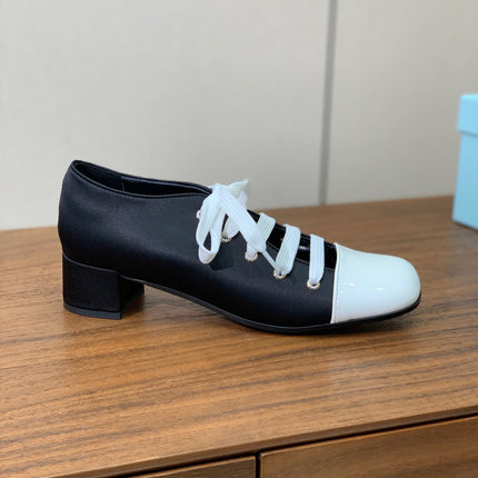 LACE-UP HIGH SHOES IN BLACK SILK MIX WHITE GLOSSY CALFSKIN