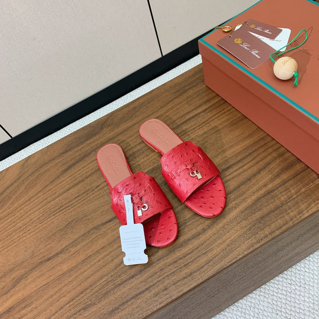 FLAT SLIPPERS IN RED LAMBSKIN OSTRICH SKIN