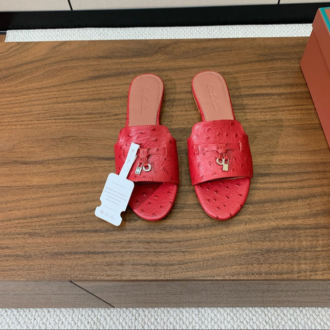 FLAT SLIPPERS IN RED LAMBSKIN OSTRICH SKIN