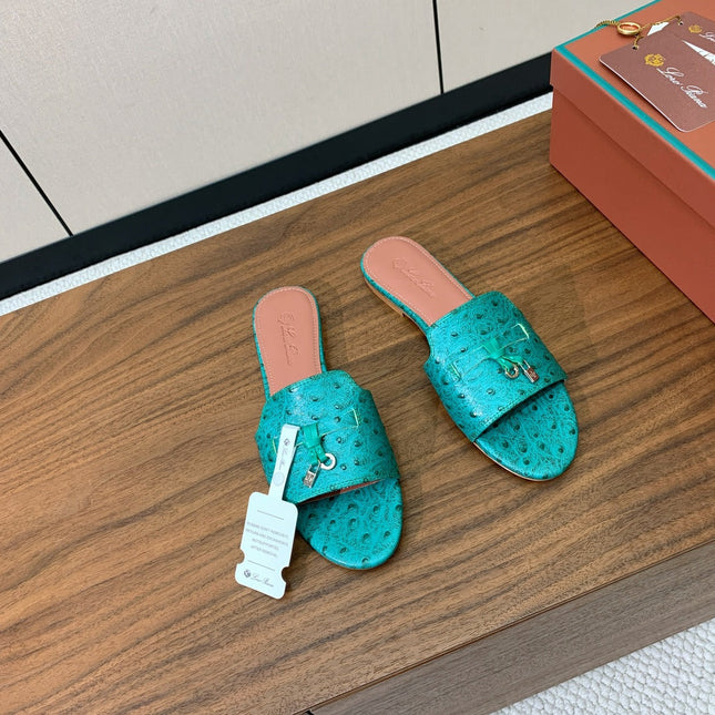 FLAT SLIPPERS IN TEAL GREEN LAMBSKIN OSTRICH SKIN
