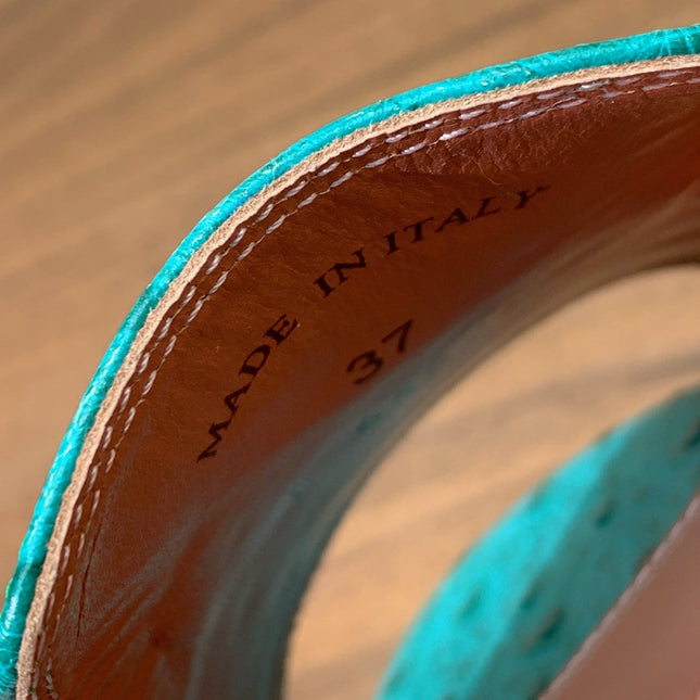 FLAT SLIPPERS IN TEAL GREEN LAMBSKIN OSTRICH SKIN