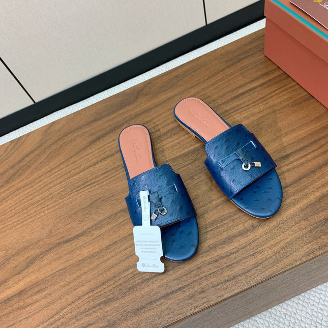 FLAT SLIPPERS IN NAVY BLUE LAMBSKIN OSTRICH SKIN