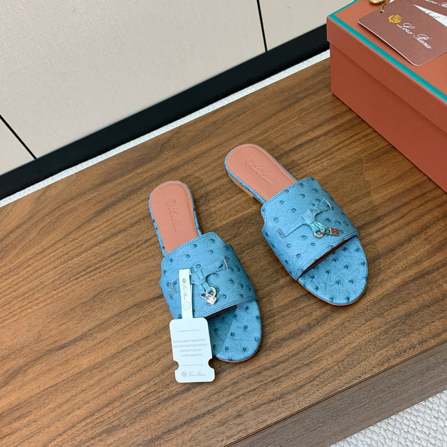 FLAT SLIPPERS IN LIGHT BLUE LAMBSKIN OSTRICH SKIN