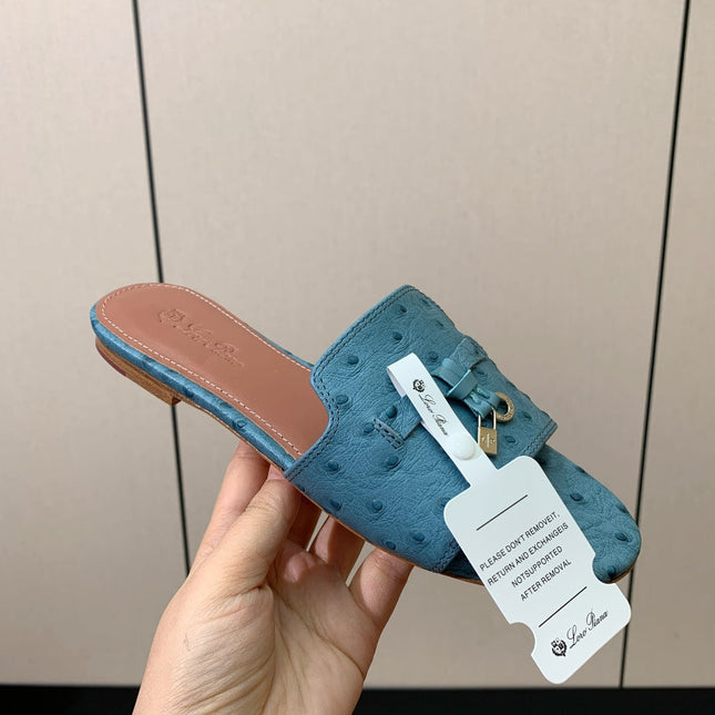 FLAT SLIPPERS IN LIGHT BLUE LAMBSKIN OSTRICH SKIN