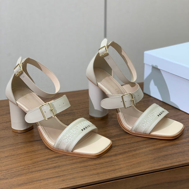 THREE-STRAP HIGH-HEELED EMBROIDERED SANDALS NUDE BEIGE