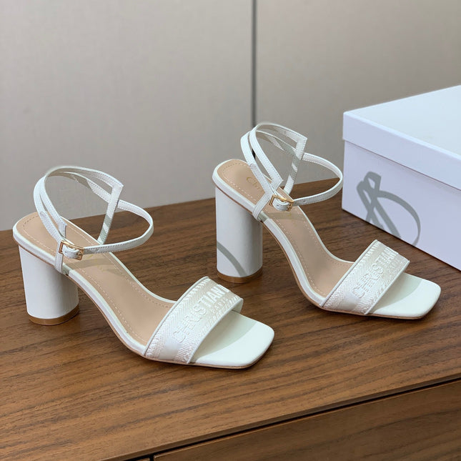 HIGH HEEL EMBROIDERED SANDAL IN WHITE CALFSKIN AND WOVEN STRAPS