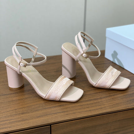 HIGH HEEL EMBROIDERED SANDAL IN LIGHT PINK CALFSKIN AND WOVEN STRAPS