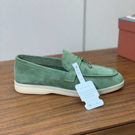 LP LOAFERS 25S IN LIGHT GREEN CASHMERE WITH SILVER HARDWARE