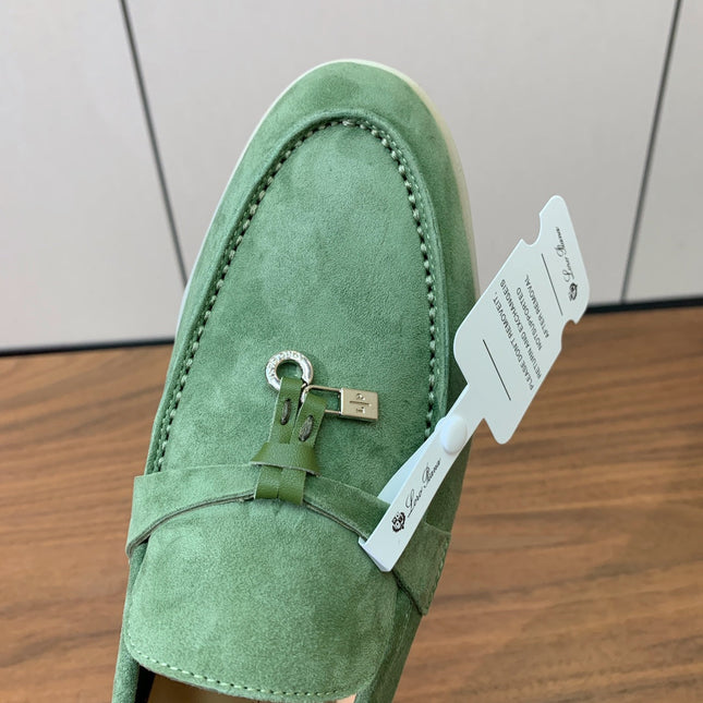 LP LOAFERS 25S IN LIGHT GREEN CASHMERE WITH SILVER HARDWARE