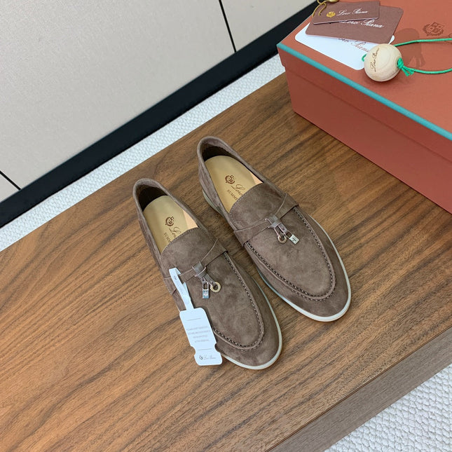 SUMMER WALK LOAFERS BROWN SUEDE SILVER PADLOCK CHARM