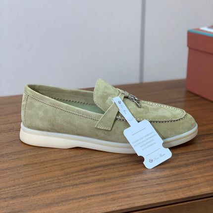 LP LOAFERS 25S IN DRIED LEAF GREEN CASHMERE WITH SILVER HARDWARE