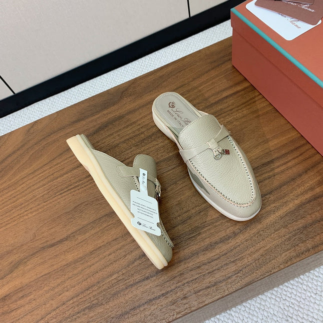 LP FLAT MULES 25S IN MOSS GRAY LAMBSKIN WITH SILVER HARDWARE