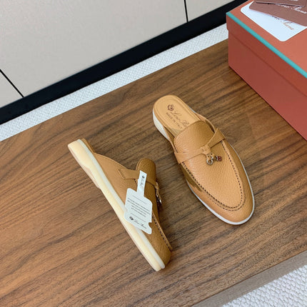 LP FLAT MULES 25S IN BROWN LAMBSKIN WITH SILVER HARDWARE