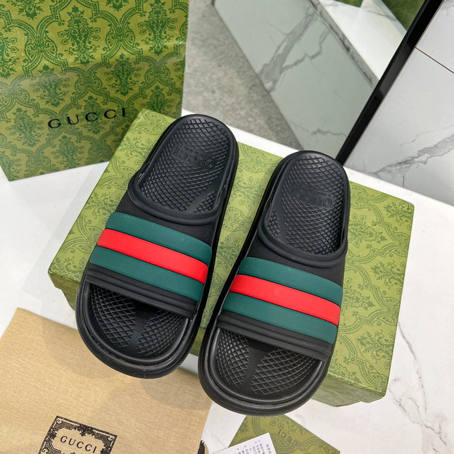 PLATFORM SLIPPERS IN BLACK MIX GREEN AND RED IMPORTED TPU