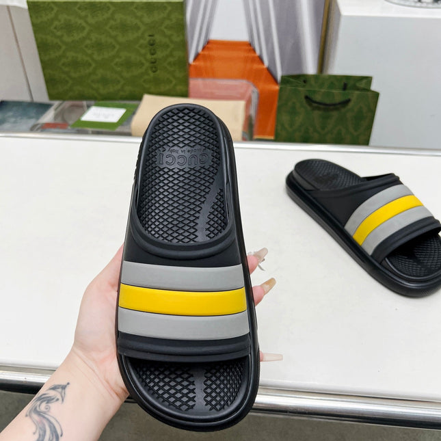 PLATFORM SLIPPERS IN BLACK MIX GRAY AND YELLOW IMPORTED TPU