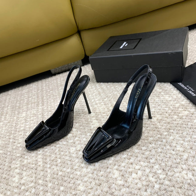 SL TRIANGLE HEELED SLINGBACKS BLACK CALFSKIN