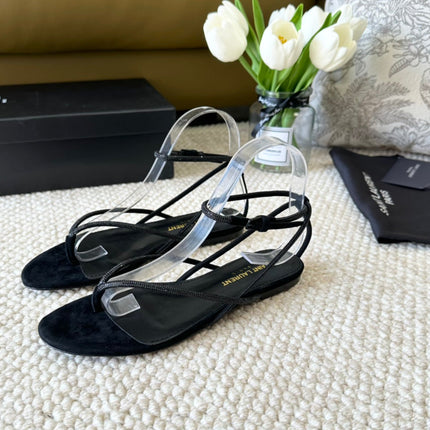SL CRYSTAL FLAT SANDALS BLACK SUEDE
