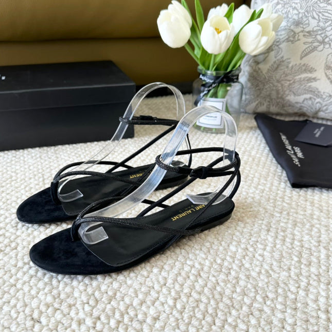 SL CRYSTAL FLAT SANDALS BLACK SUEDE