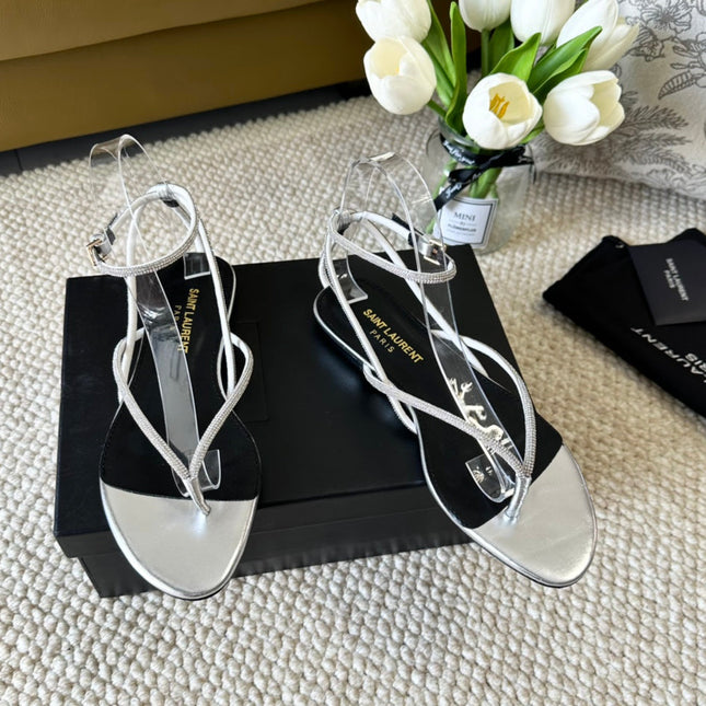 SL CRYSTAL FLAT SANDALS SILVER CALFSKIN