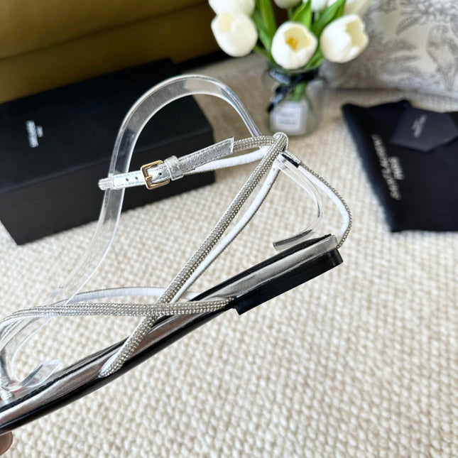 SL CRYSTAL FLAT SANDALS SILVER CALFSKIN