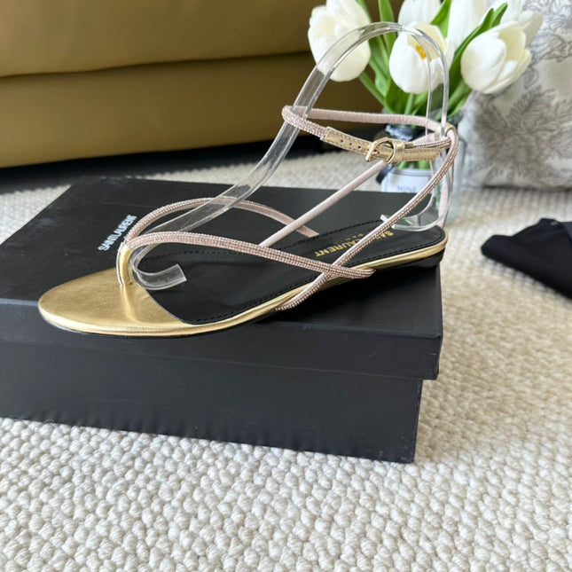 SL CRYSTAL FLAT SANDALS METALLIC GOLD CALFSKIN