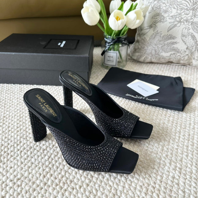 SL SEPT MULES BLACK SATIN AND RHINESTONES