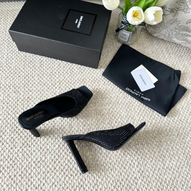SL SEPT MULES BLACK SATIN AND RHINESTONES