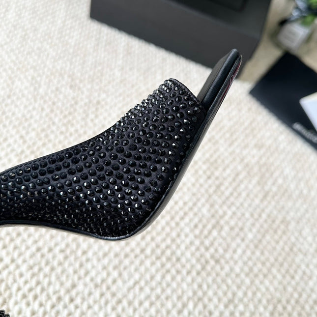SL SEPT MULES BLACK SATIN AND RHINESTONES