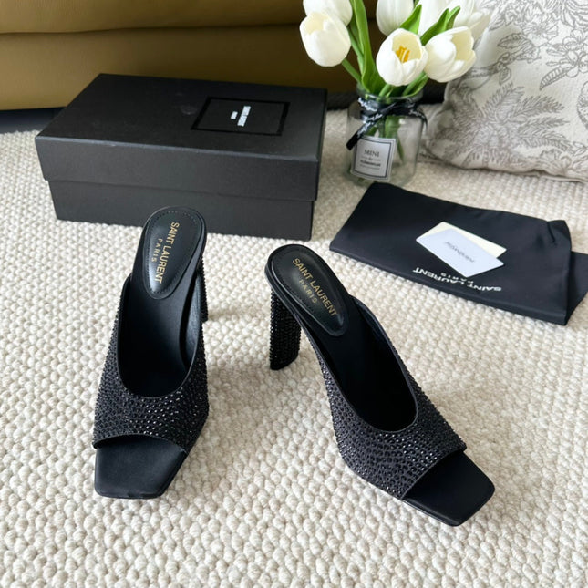 SL SEPT MULES BLACK SATIN AND RHINESTONES