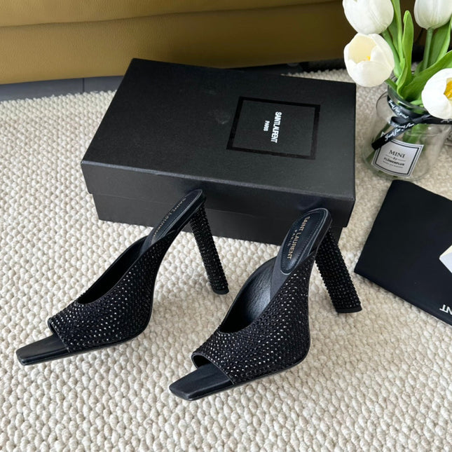 SL SEPT MULES BLACK SATIN AND RHINESTONES