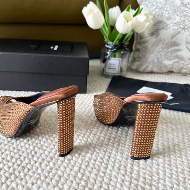 SL SEPT MULES SIENNA SATIN AND RHINESTONES