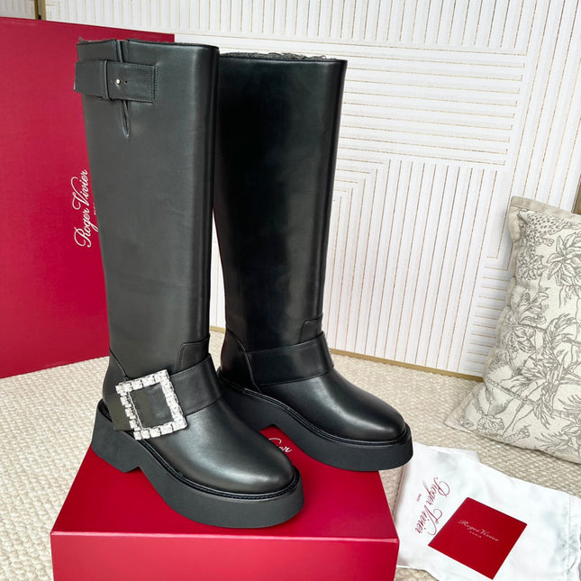 VIV' RANGERS HIGH BIKER IN BLACK CALFSKIN CRYSTAL BUCKLE