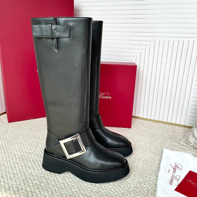 VIV' RANGERS HIGH BIKER IN BLACK CALFSKIN SILVER BUCKLE