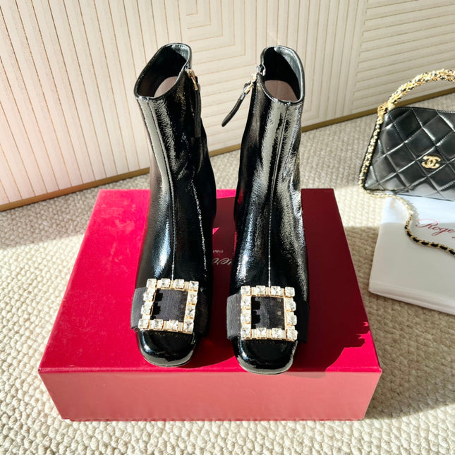 BELLE VIVIER ANKLE BOOTS IN BLACK GLOSSY CALFSKIN RHINESTONE BUCKLE