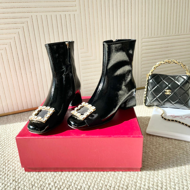 BELLE VIVIER ANKLE BOOTS IN BLACK GLOSSY CALFSKIN RHINESTONE BUCKLE