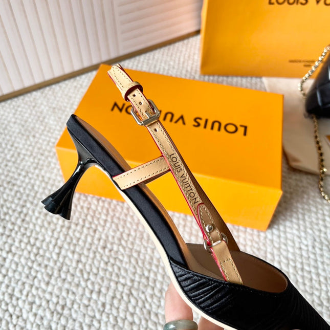 BLOSSOM PUMP SLINGBACKS 55 MM IN BLACK IMPORTED STRIPED SILK SATIN